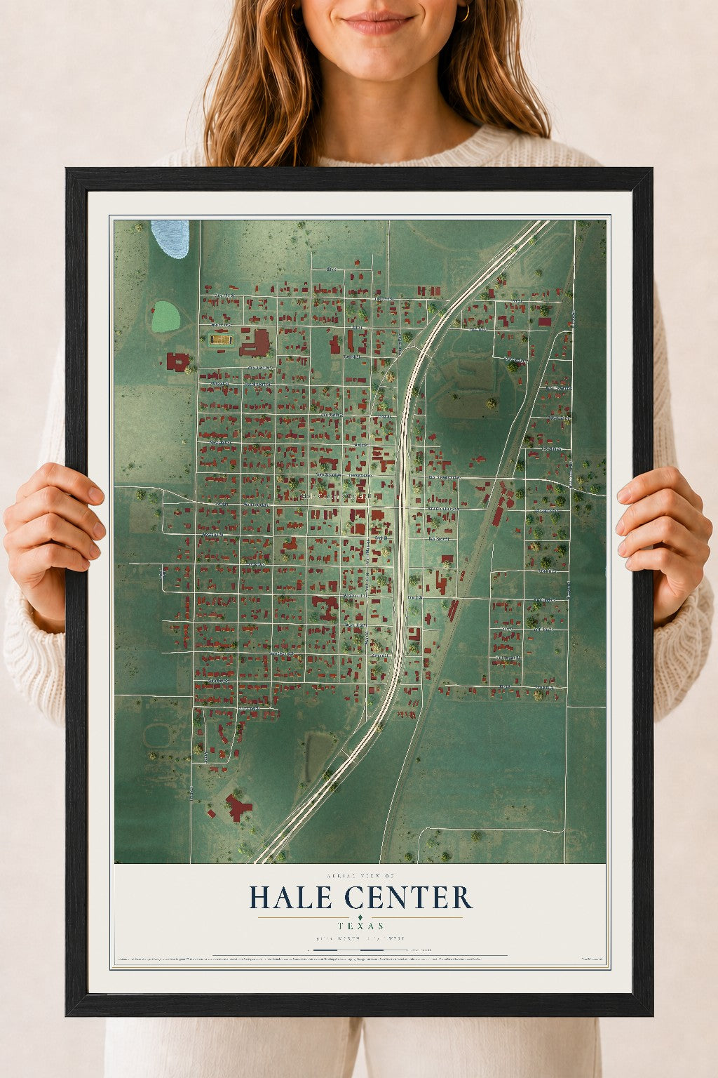 Map of Hale Center, Texas, 18 x 24 inch print in a black wood frame