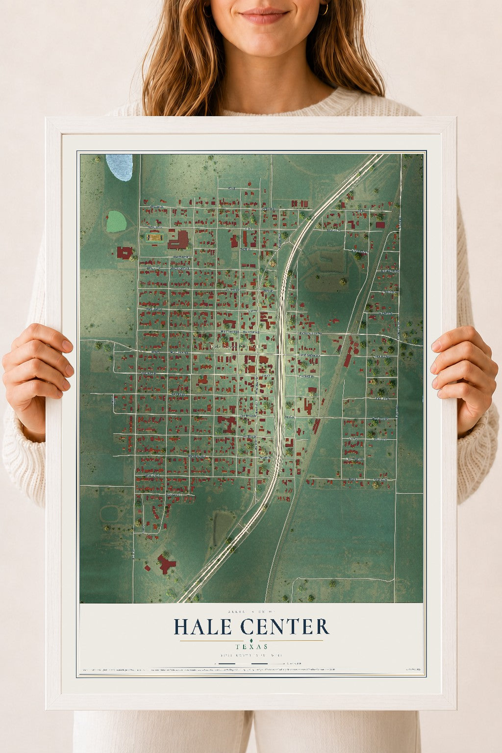 Map of Hale Center, Texas, 18 x 24 inch print in a white wood frame