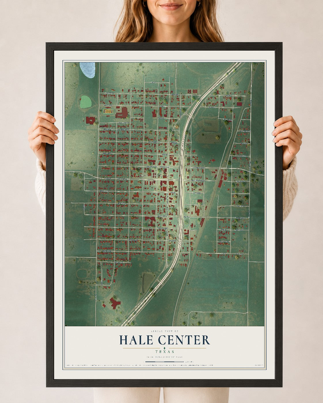 Map of Hale Center, Texas, 24 x 36 inch print in a black wood frame