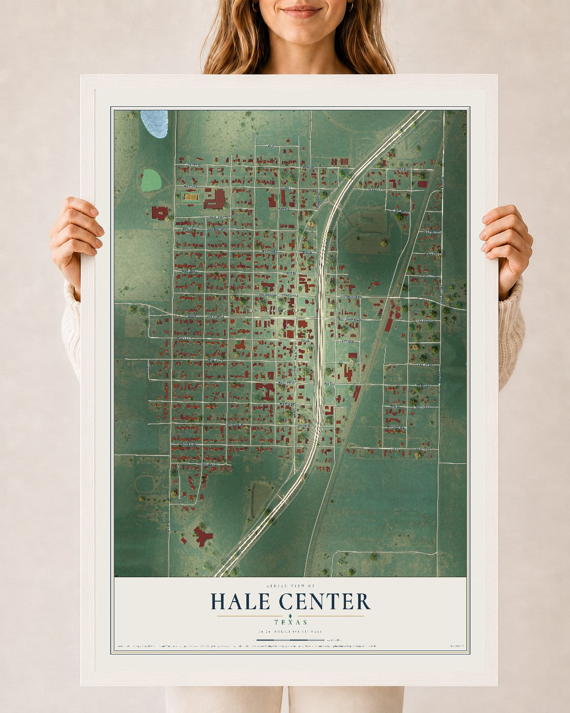 Map of Hale Center, Texas, 24 x 36 inch print in a white wood frame