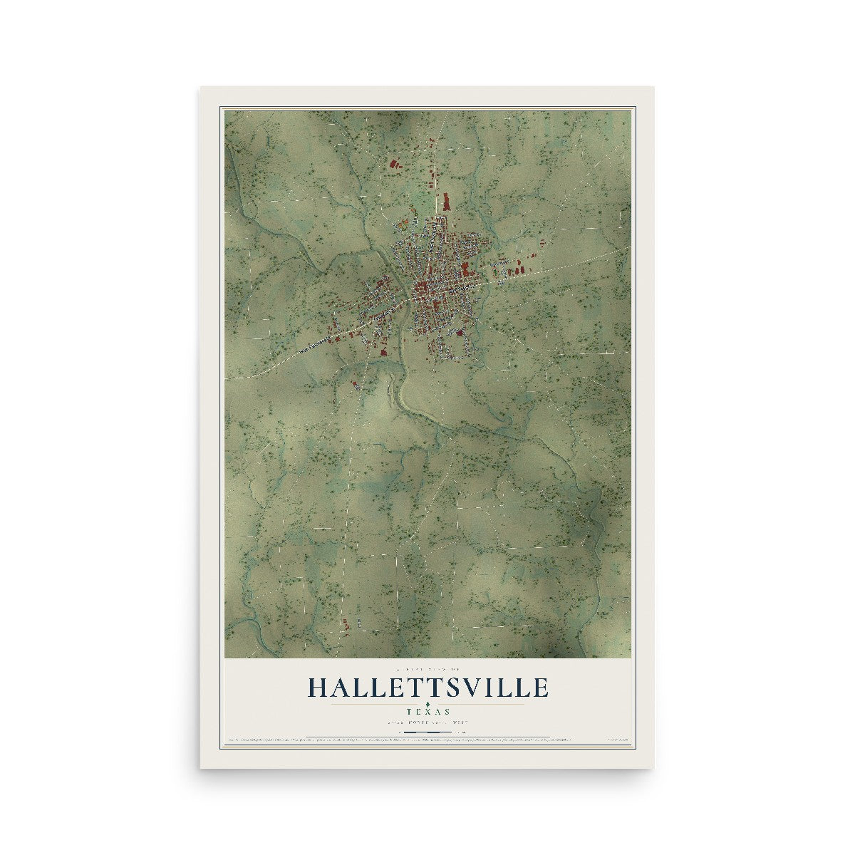 Map of Hallettsville, Texas, 12 x 18 inch unframed archival matte print