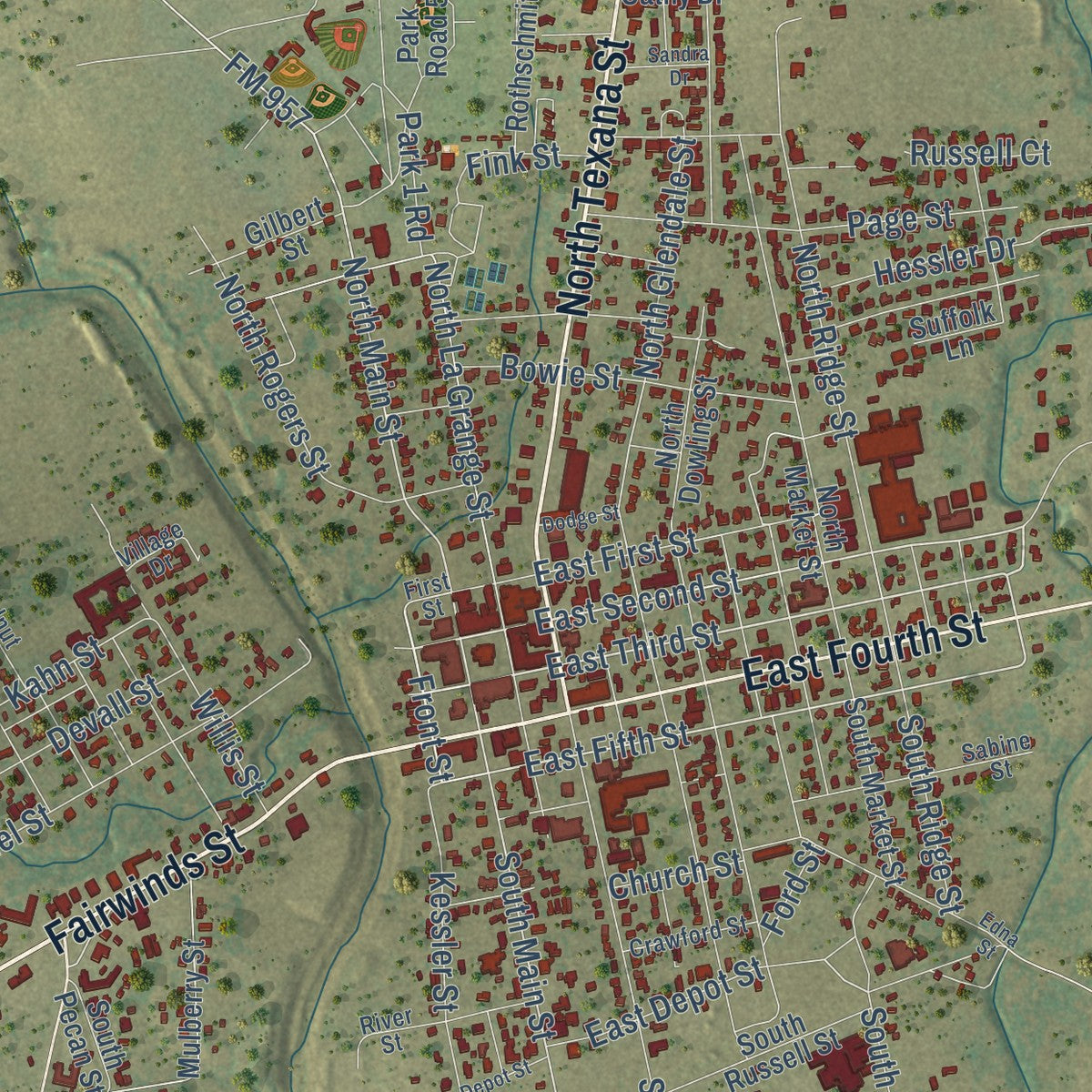 Close-up of the map of Hallettsville, Texas print showing street and building detail
