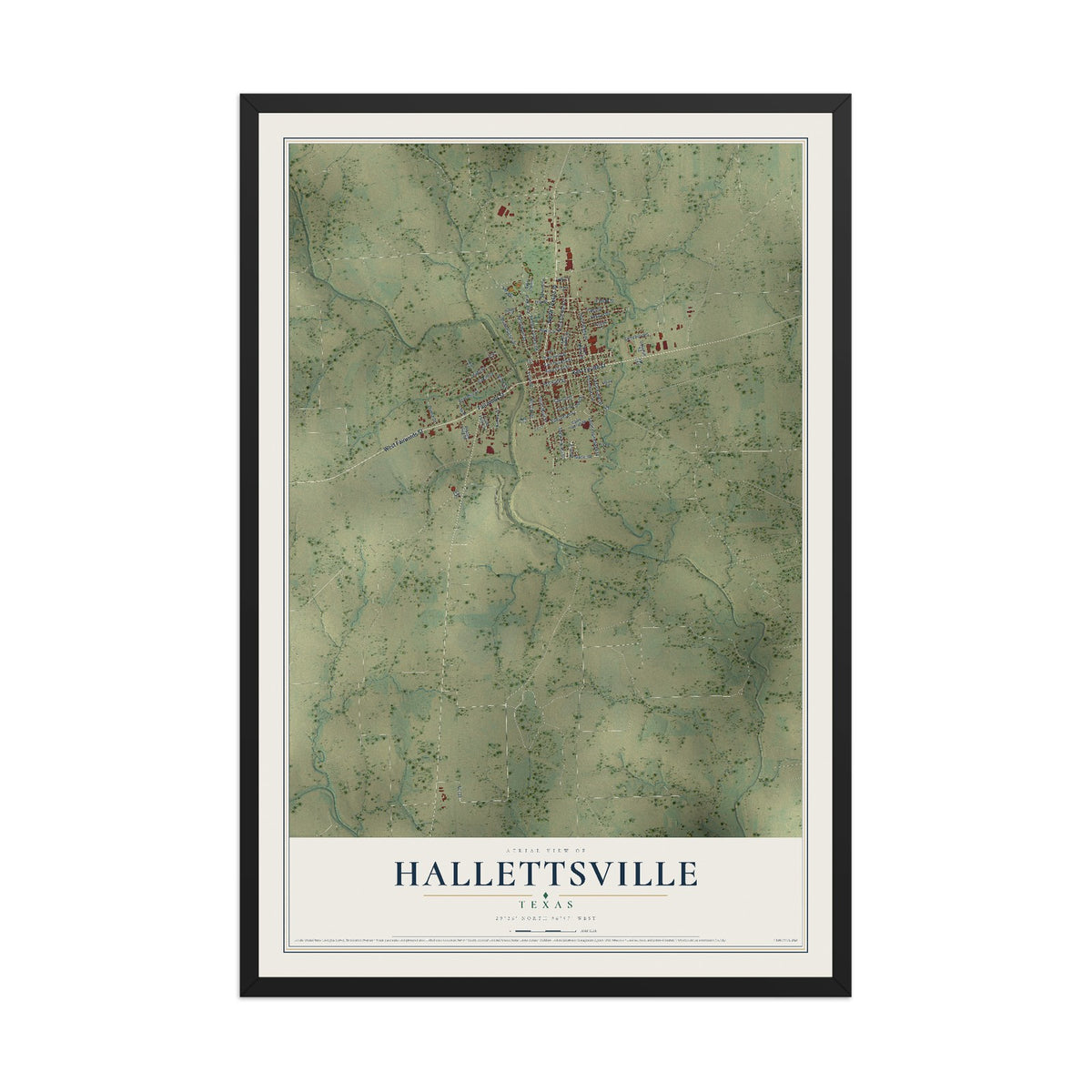 Map of Hallettsville, Texas, 12 x 18 inch print in a black wood frame