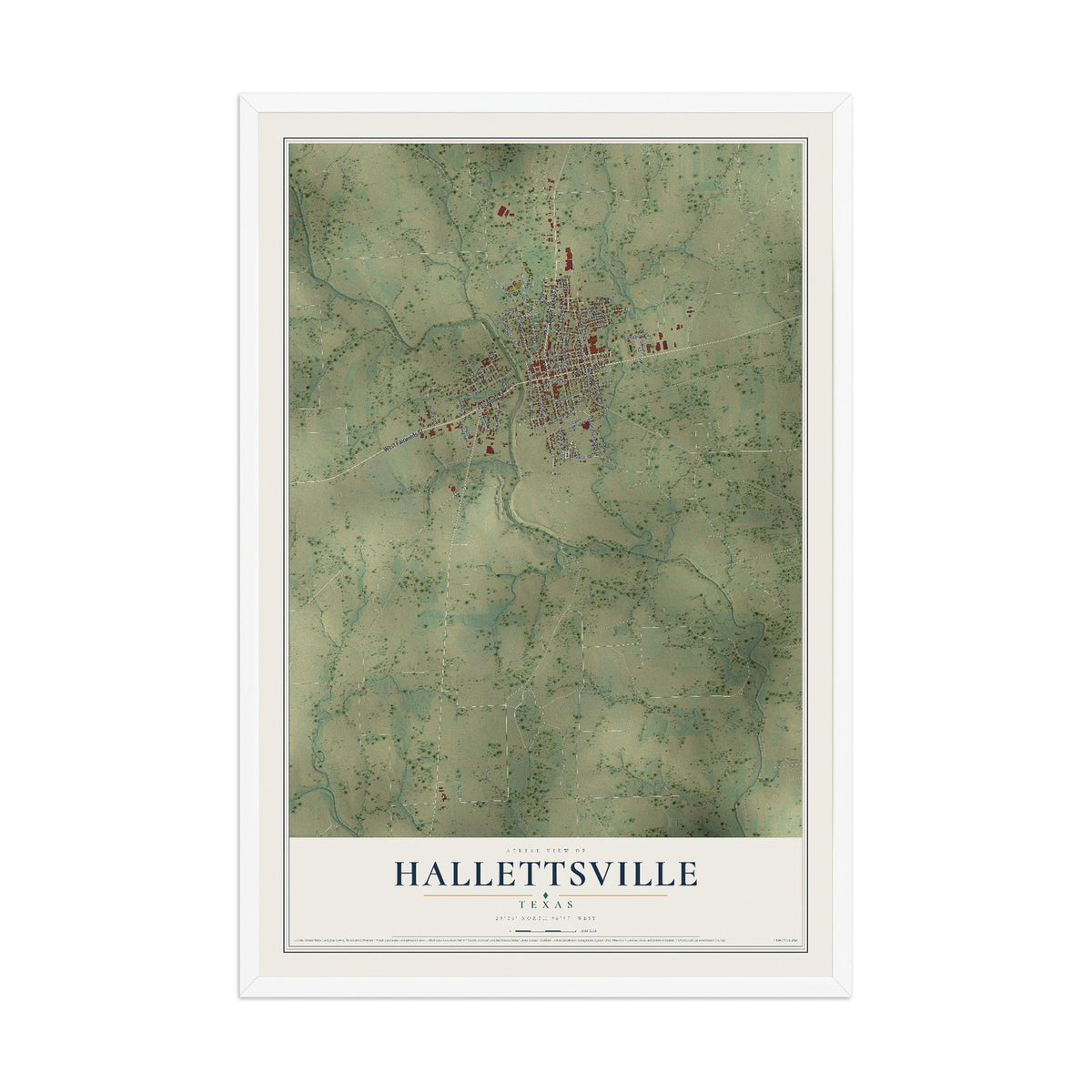 Map of Hallettsville, Texas, 12 x 18 inch print in a white wood frame