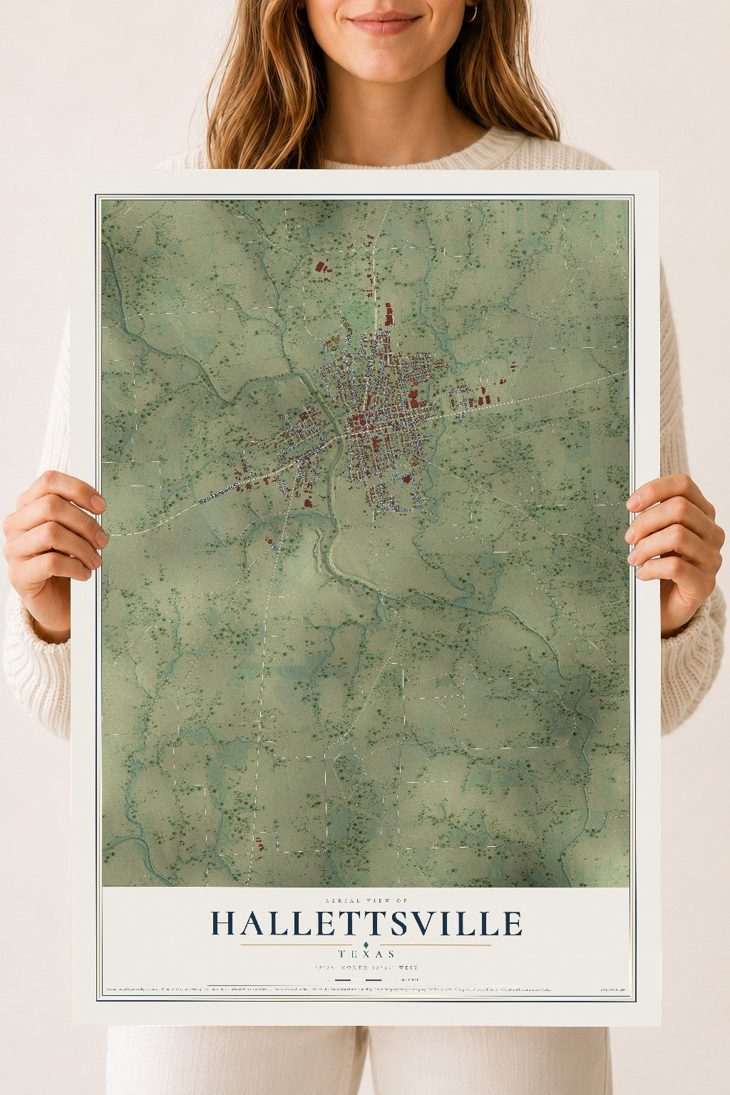 Map of Hallettsville, Texas, 18 x 24 inch unframed archival matte print