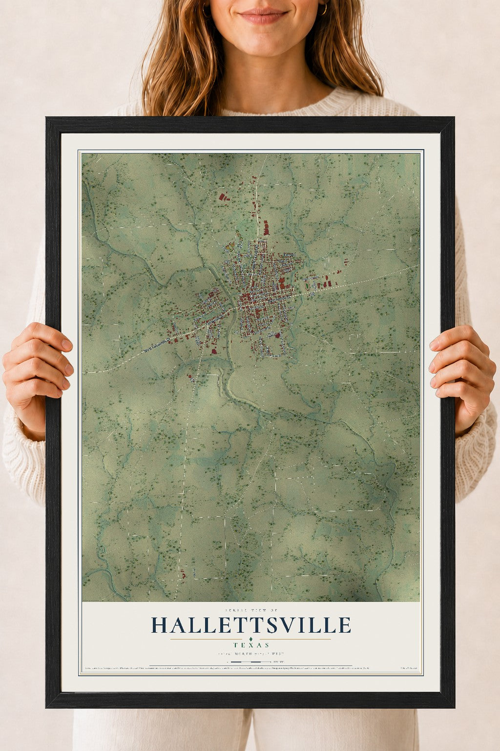 Map of Hallettsville, Texas, 18 x 24 inch print in a black wood frame