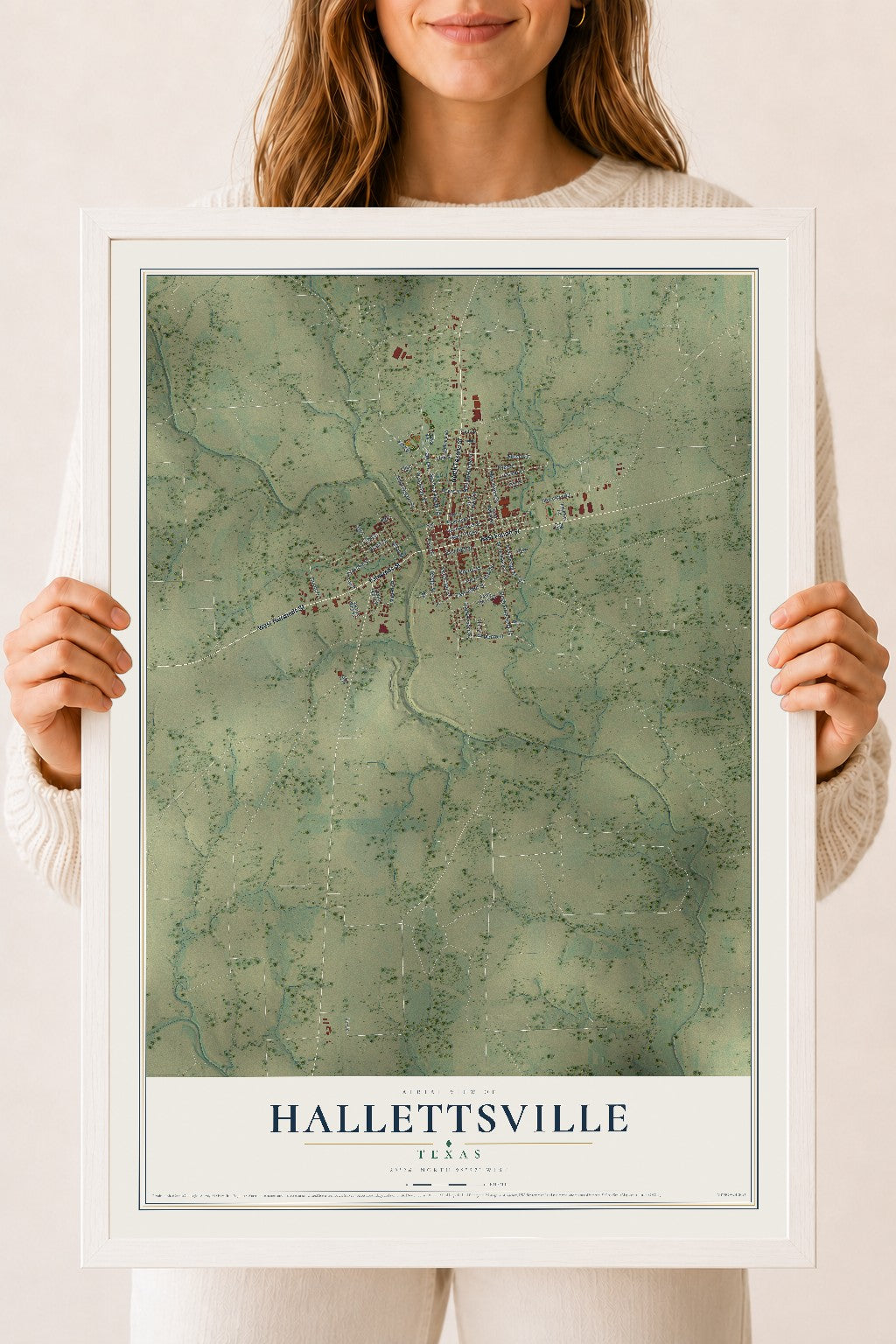 Map of Hallettsville, Texas, 18 x 24 inch print in a white wood frame