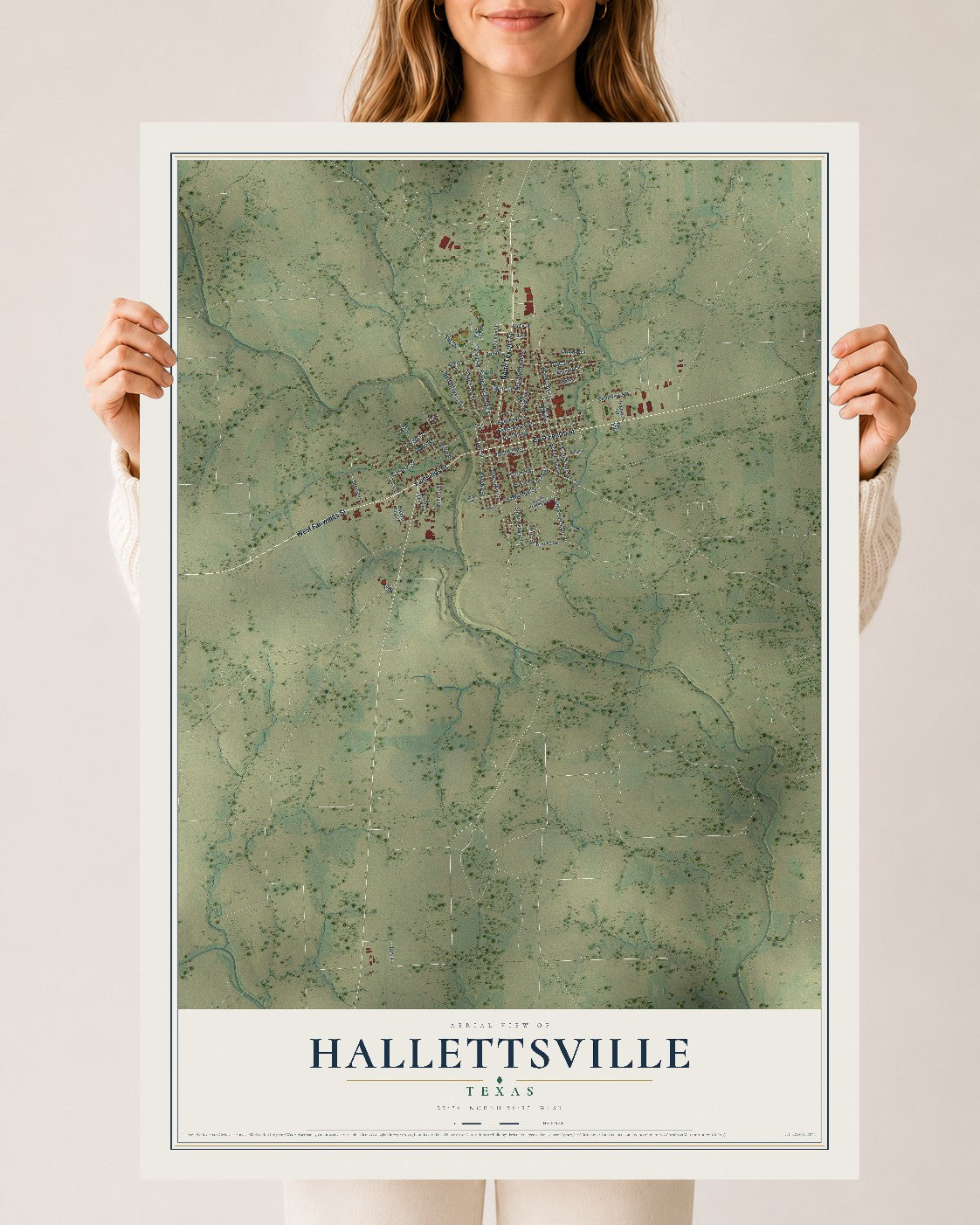 Map of Hallettsville, Texas, 24 x 36 inch unframed archival matte print