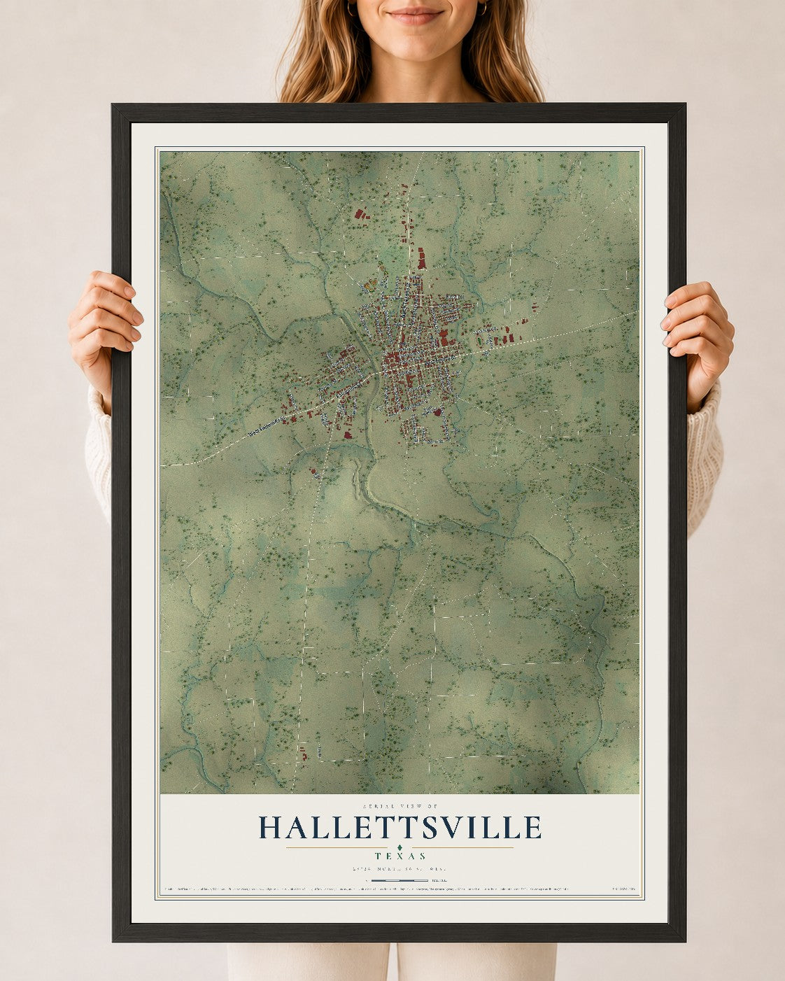 Map of Hallettsville, Texas, 24 x 36 inch print in a black wood frame