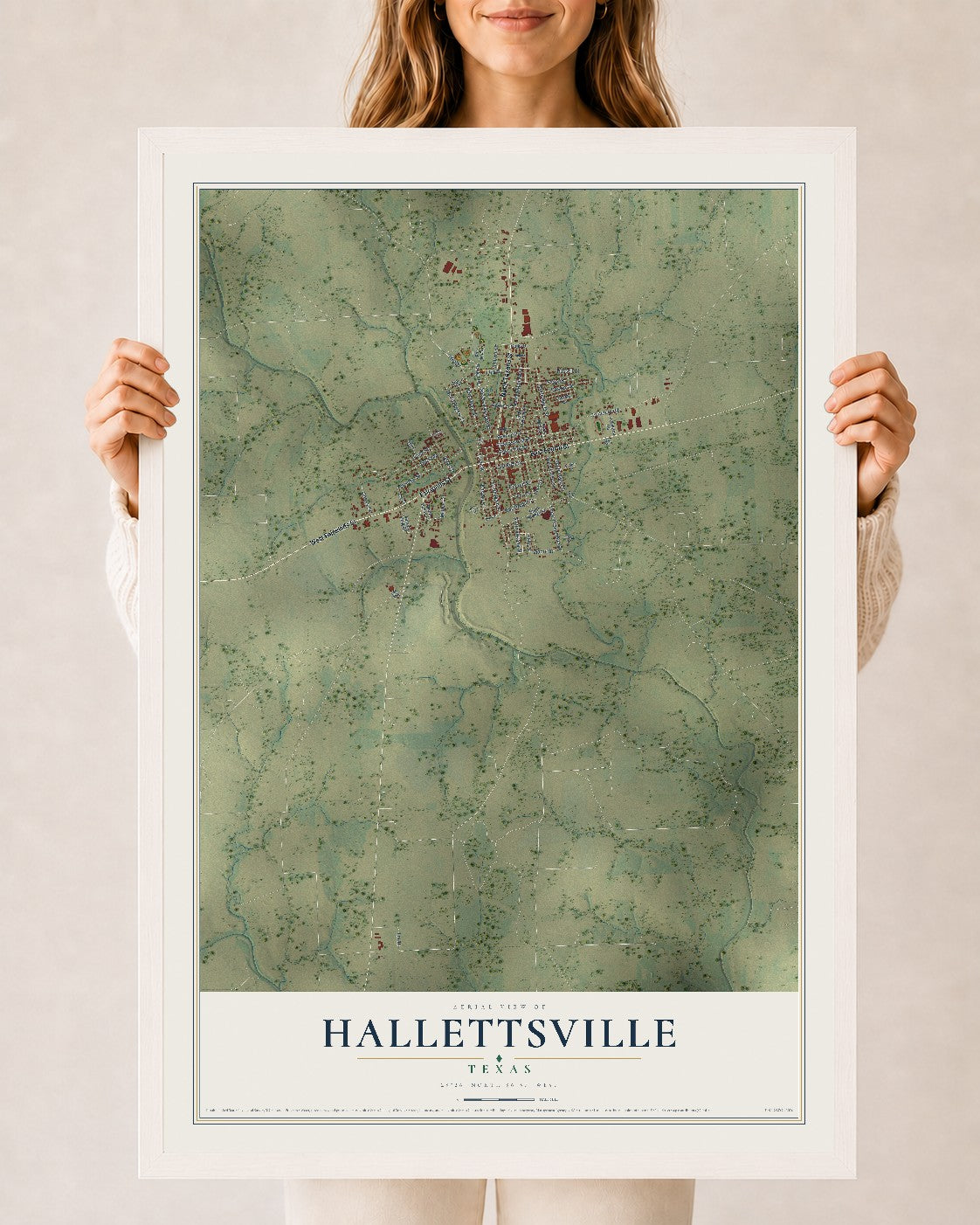 Map of Hallettsville, Texas, 24 x 36 inch print in a white wood frame