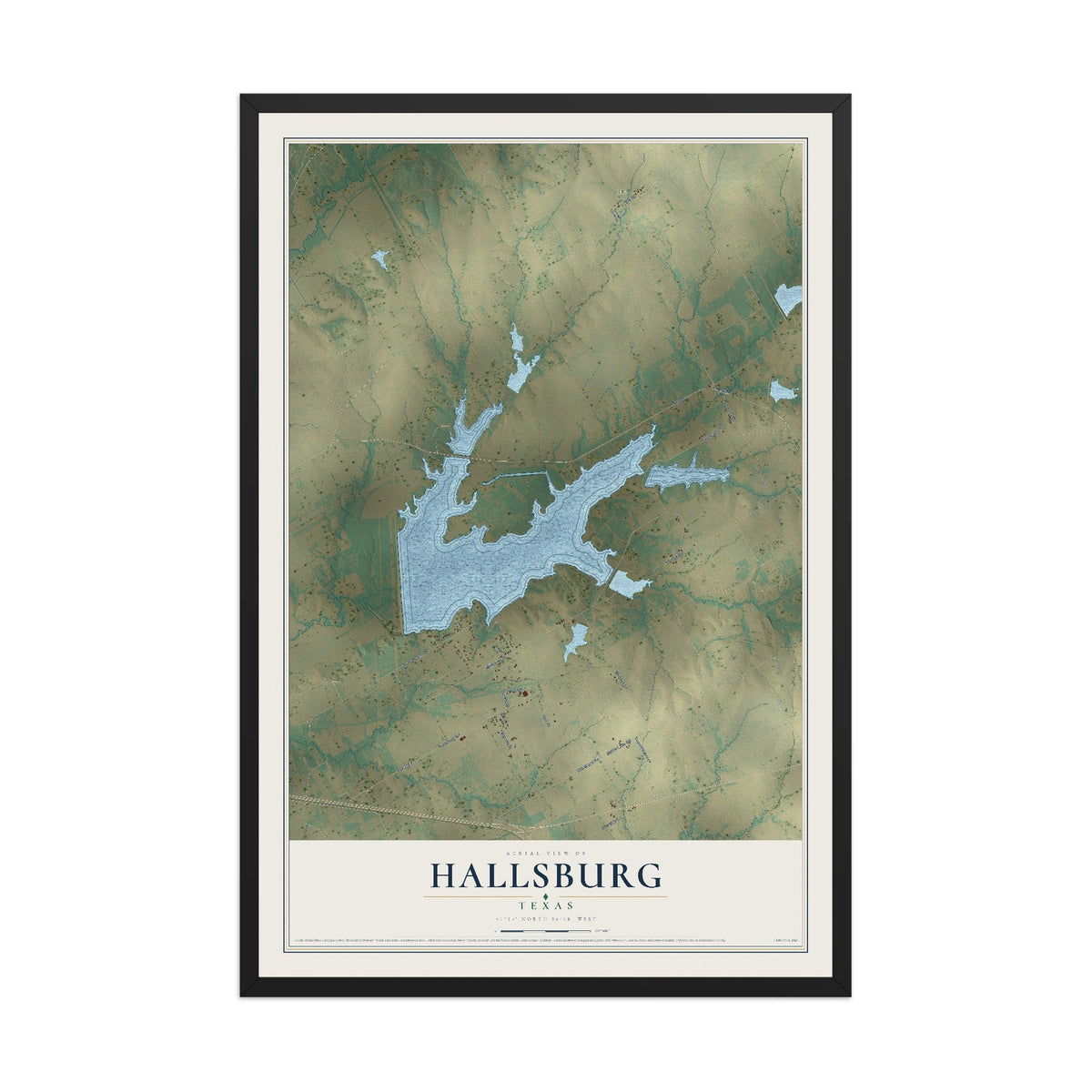 Map of Hallsburg, Texas, 12 x 18 inch print in a black wood frame