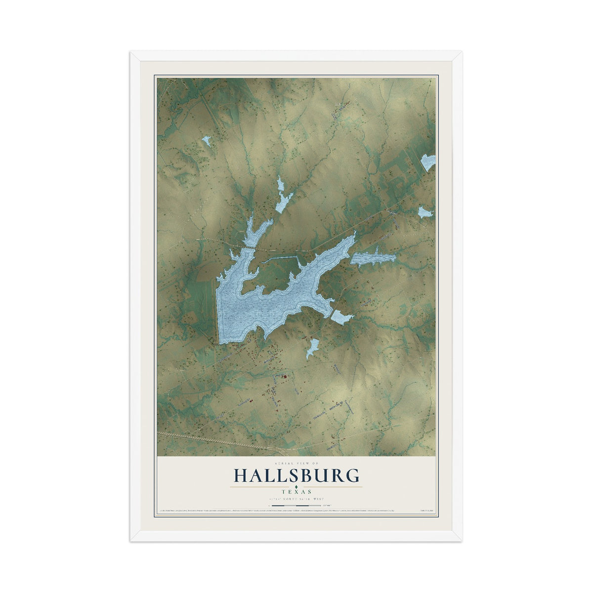 Map of Hallsburg, Texas, 12 x 18 inch print in a white wood frame