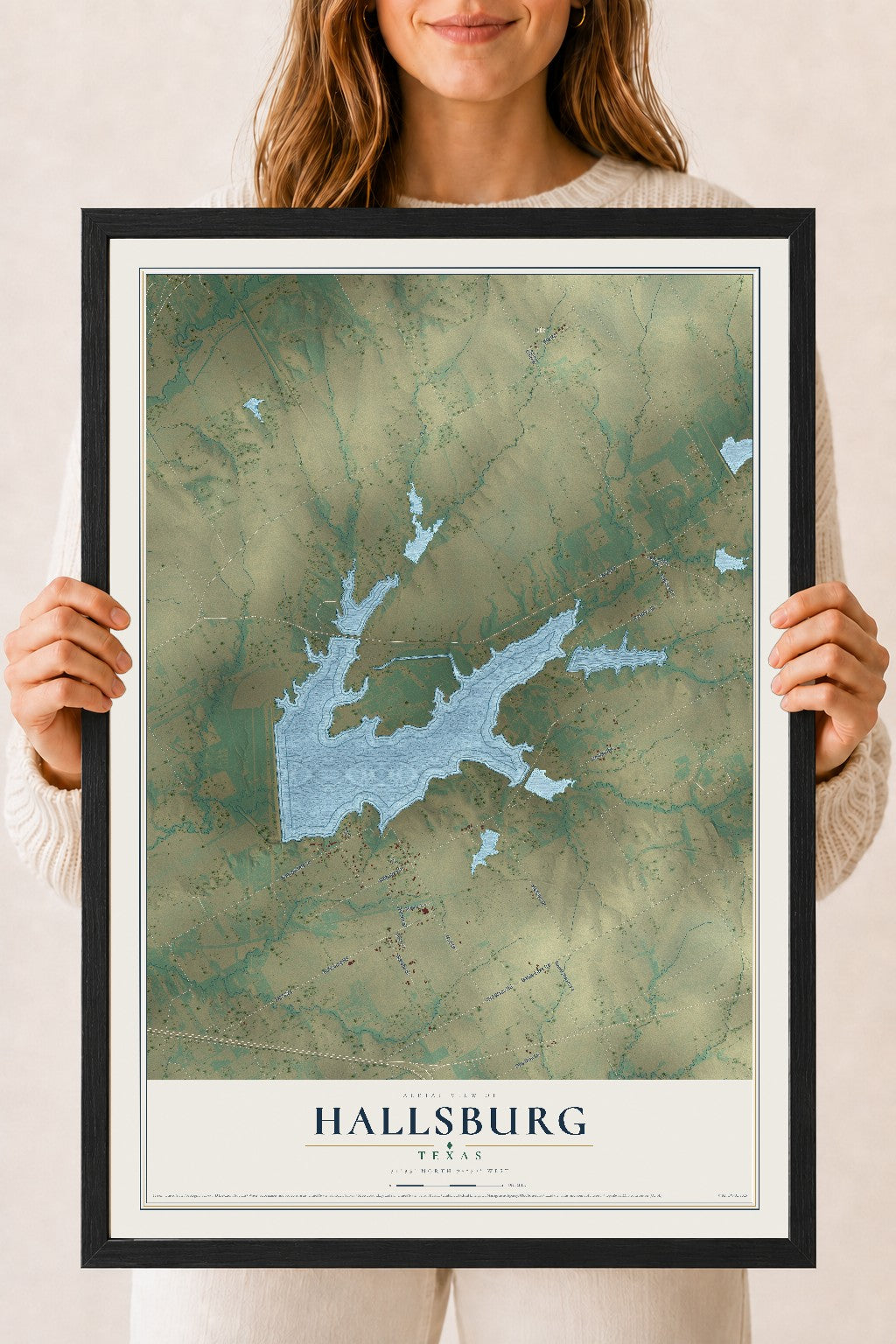 Map of Hallsburg, Texas, 18 x 24 inch print in a black wood frame