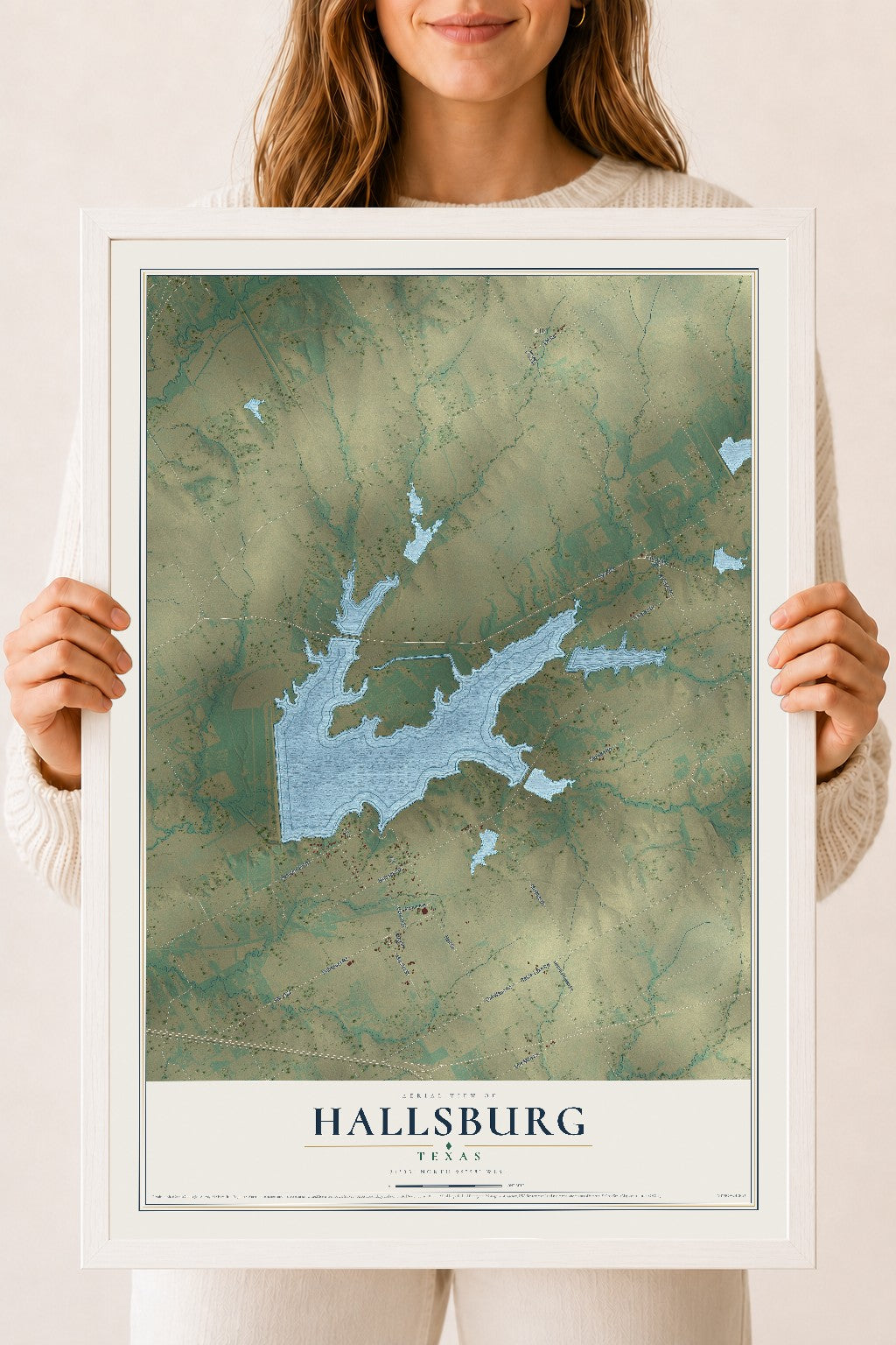 Map of Hallsburg, Texas, 18 x 24 inch print in a white wood frame