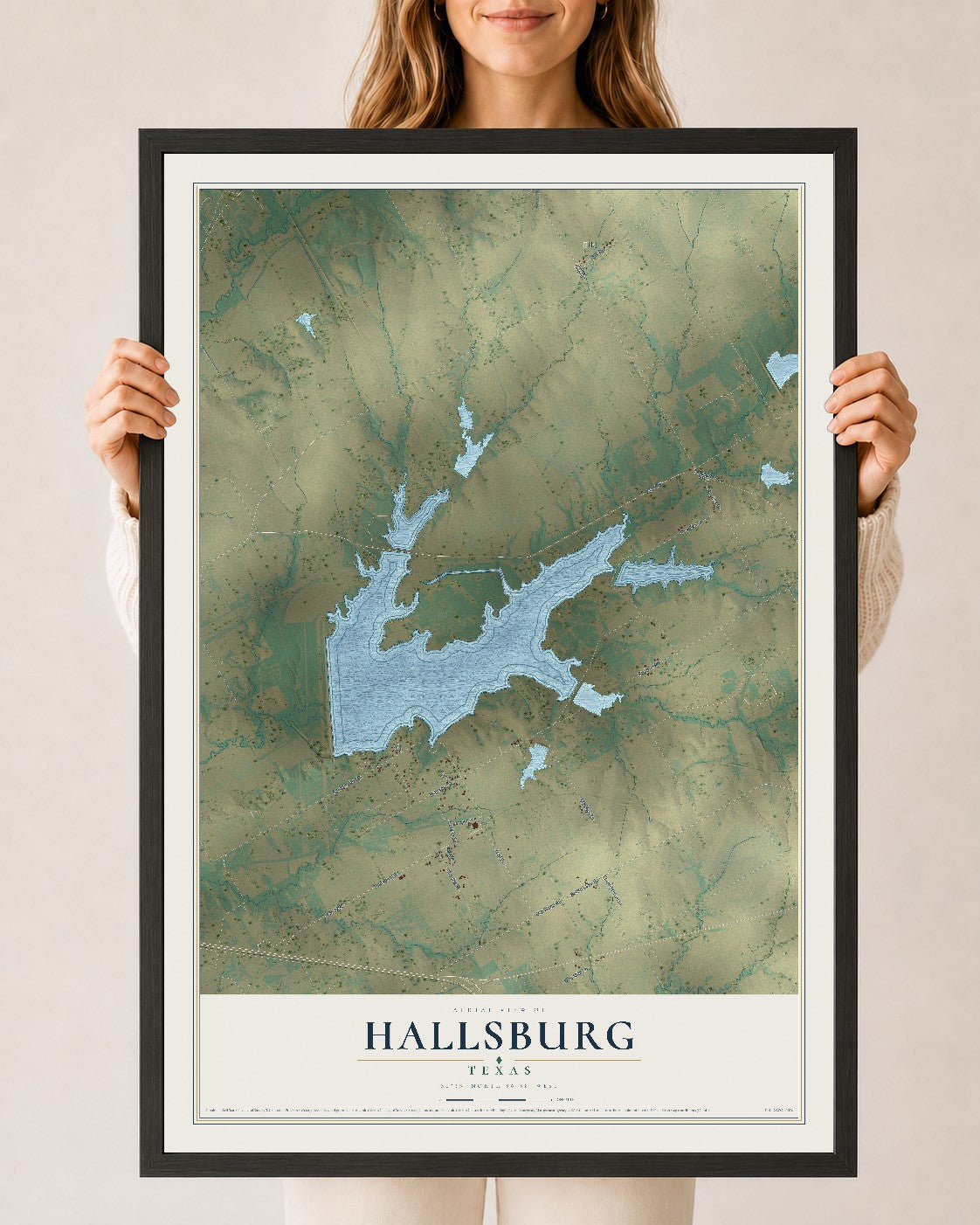 Map of Hallsburg, Texas, 24 x 36 inch print in a black wood frame