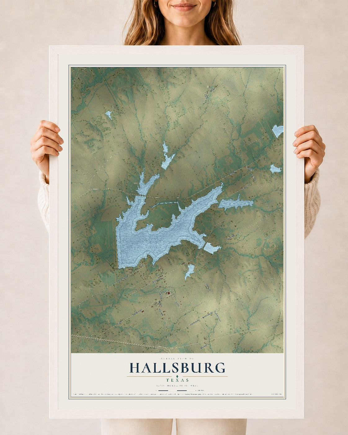Map of Hallsburg, Texas, 24 x 36 inch print in a white wood frame