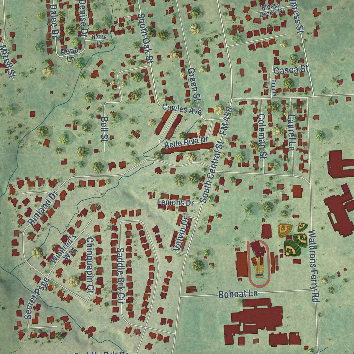 Close-up of the map of Hallsville, Texas print showing street and building detail