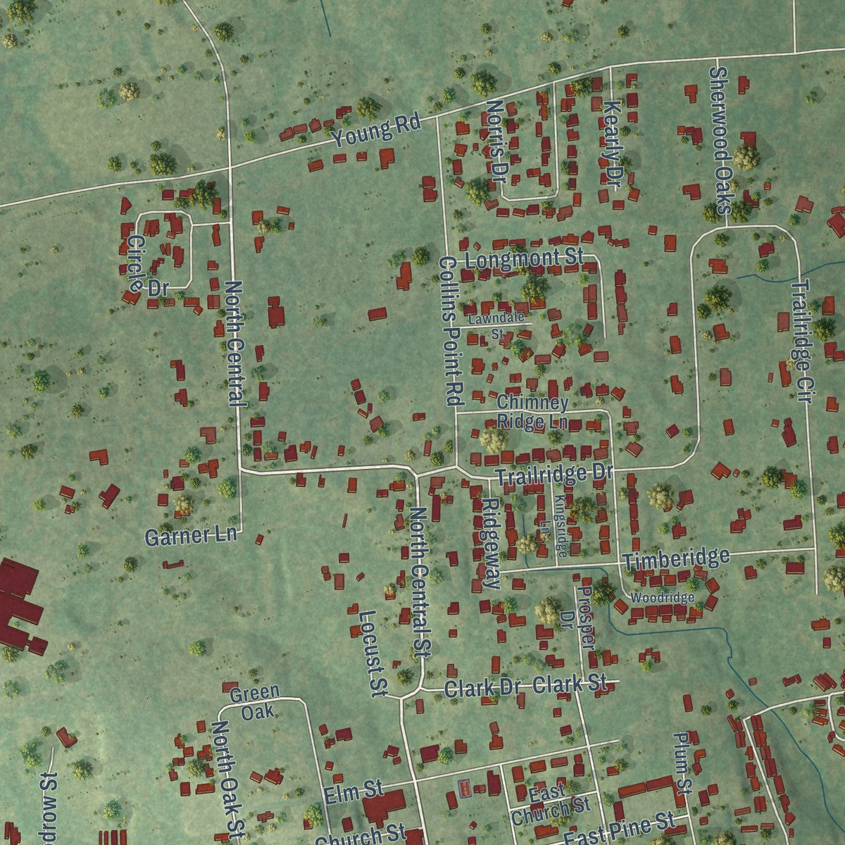 Second close-up of the map of Hallsville, Texas print showing more streets and buildings