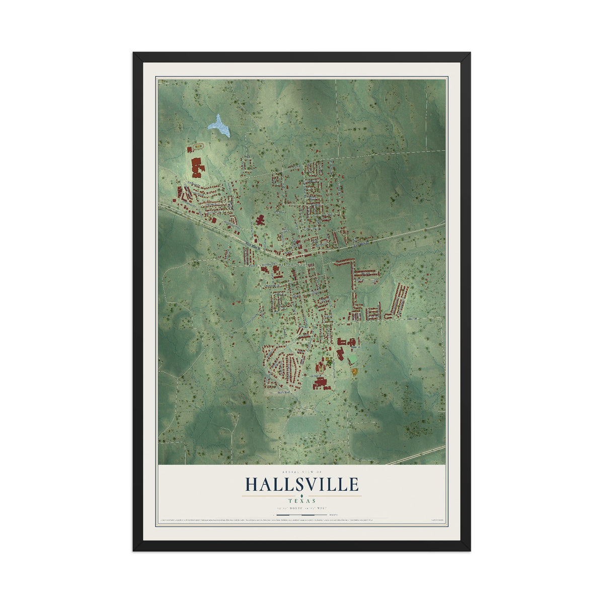 Map of Hallsville, Texas, 12 x 18 inch print in a black wood frame