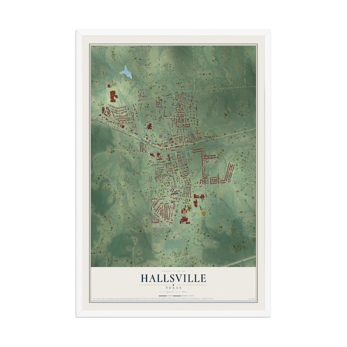 Map of Hallsville, Texas, 12 x 18 inch print in a white wood frame