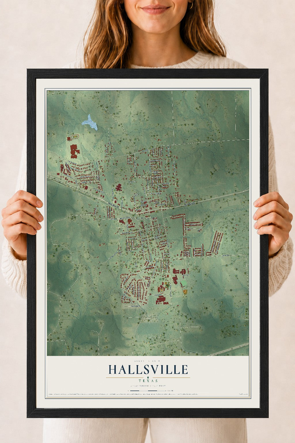 Map of Hallsville, Texas, 18 x 24 inch print in a black wood frame