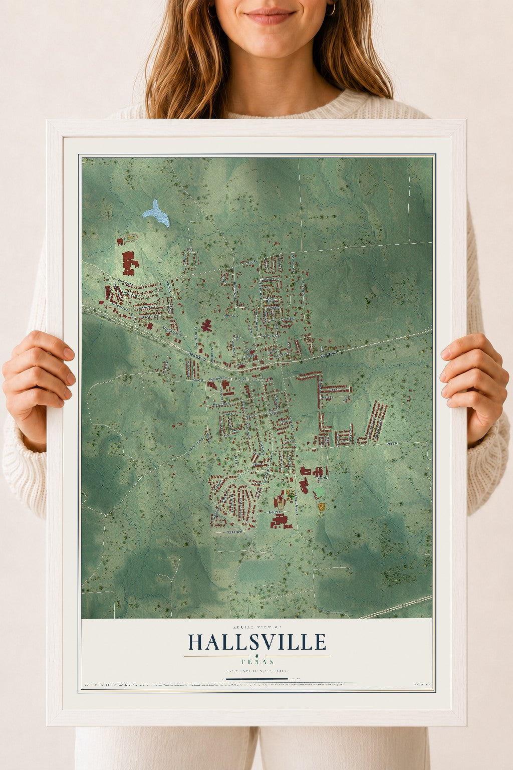 Map of Hallsville, Texas, 18 x 24 inch print in a white wood frame