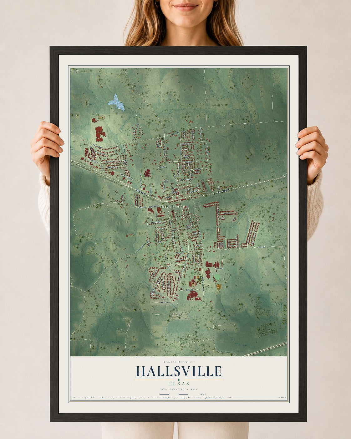 Map of Hallsville, Texas, 24 x 36 inch print in a black wood frame