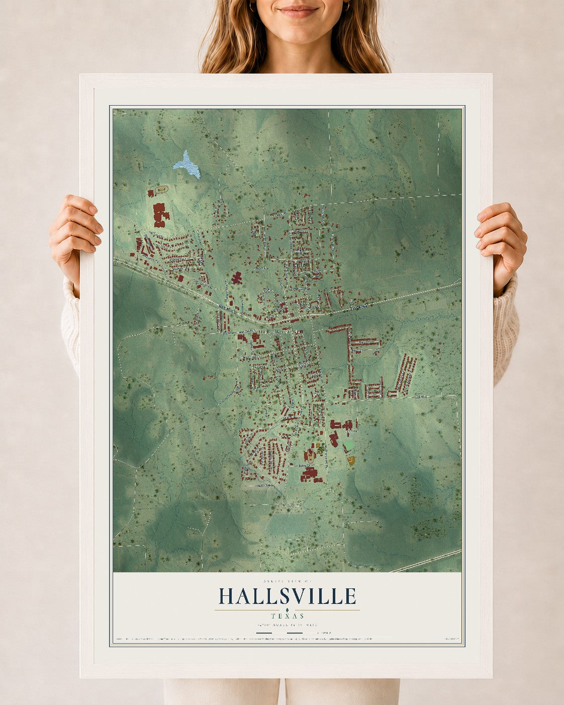 Map of Hallsville, Texas, 24 x 36 inch print in a white wood frame