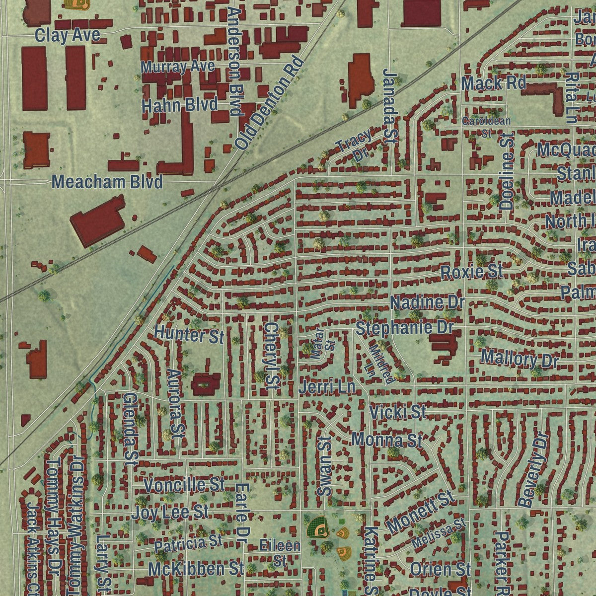 Close-up of the map of Haltom City, Texas print showing street and building detail