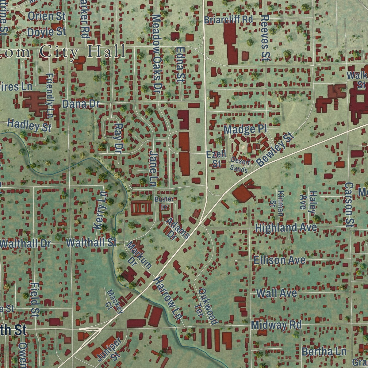 Second close-up of the map of Haltom City, Texas print showing more streets and buildings