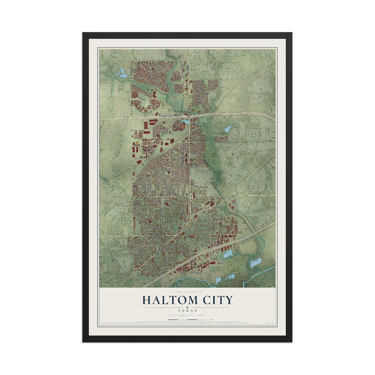 Map of Haltom City, Texas, 12 x 18 inch print in a black wood frame