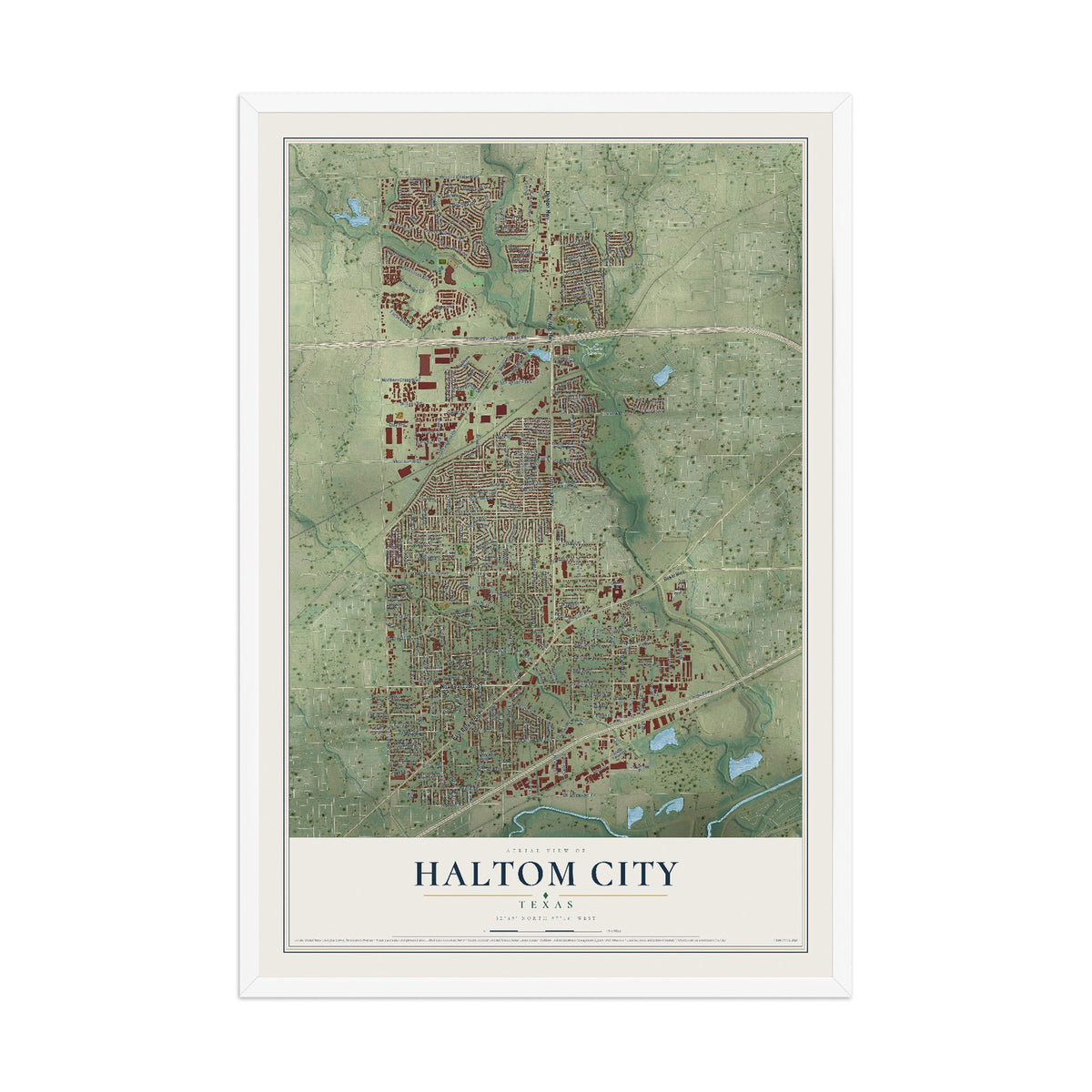 Map of Haltom City, Texas, 12 x 18 inch print in a white wood frame
