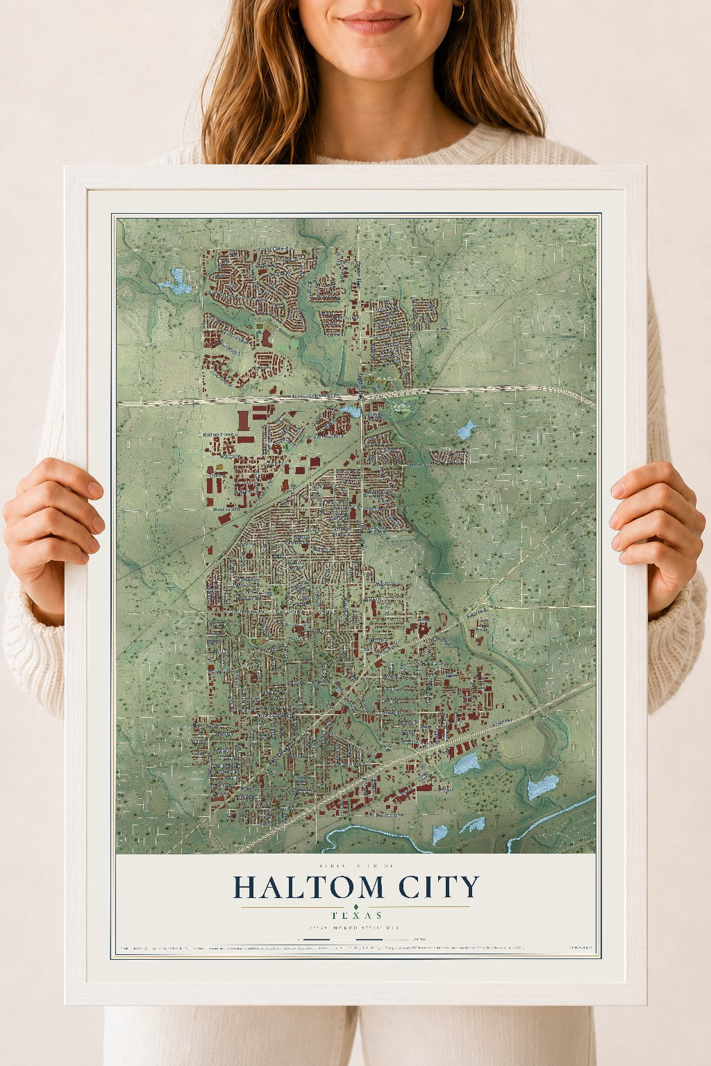 Map of Haltom City, Texas, 18 x 24 inch print in a white wood frame