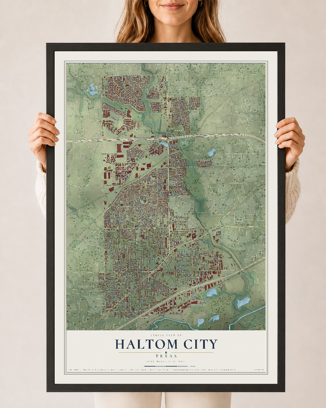 Map of Haltom City, Texas, 24 x 36 inch print in a black wood frame