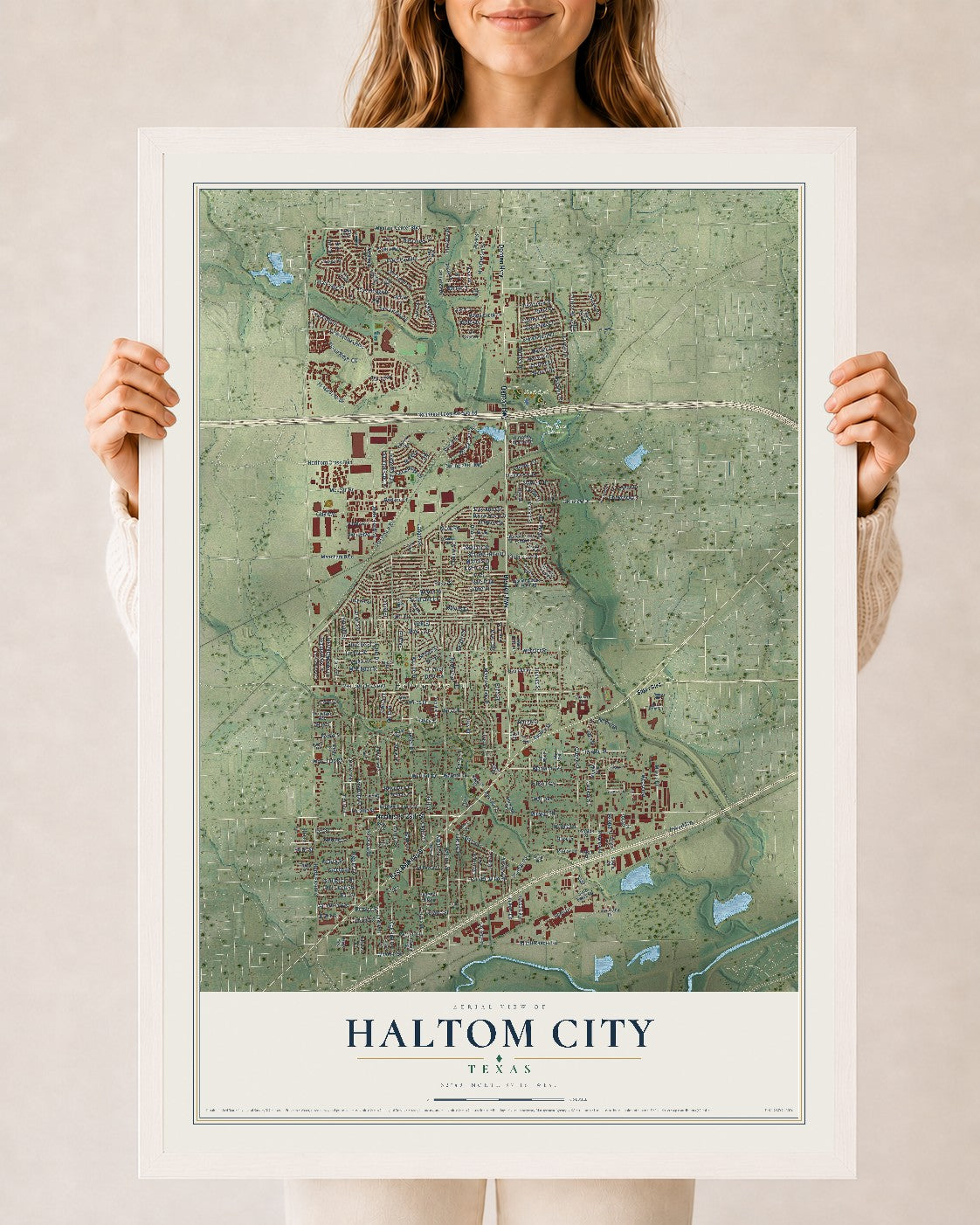 Map of Haltom City, Texas, 24 x 36 inch print in a white wood frame