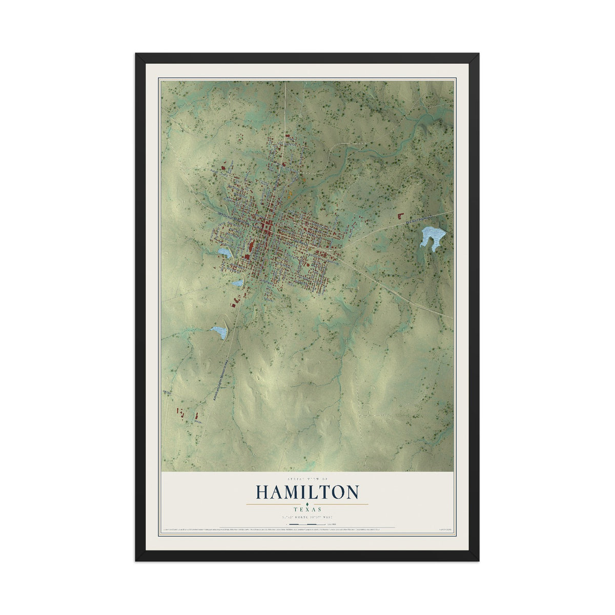 Map of Hamilton, Texas, 12 x 18 inch print in a black wood frame