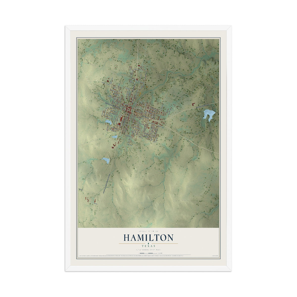 Map of Hamilton, Texas, 12 x 18 inch print in a white wood frame