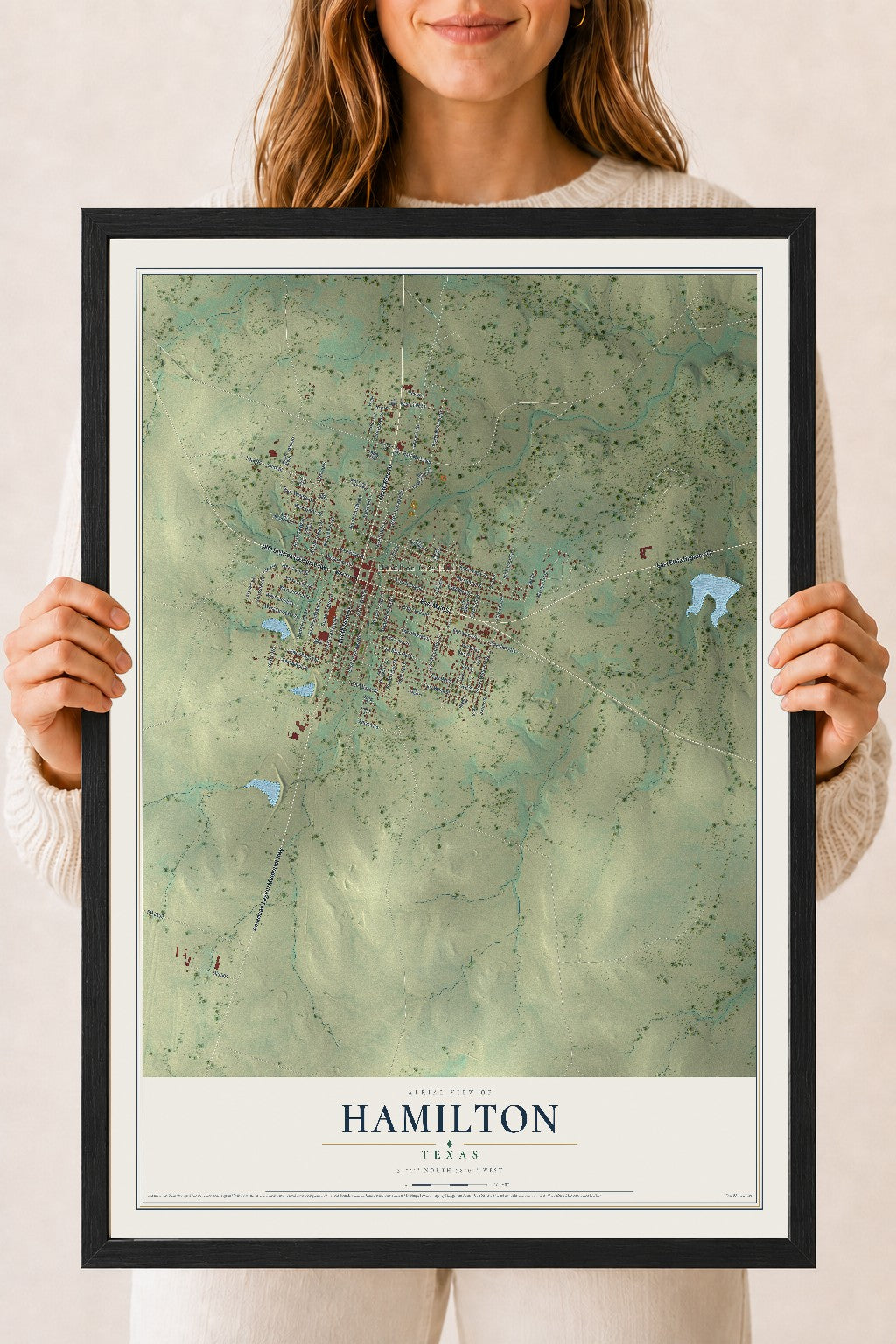 Map of Hamilton, Texas, 18 x 24 inch print in a black wood frame