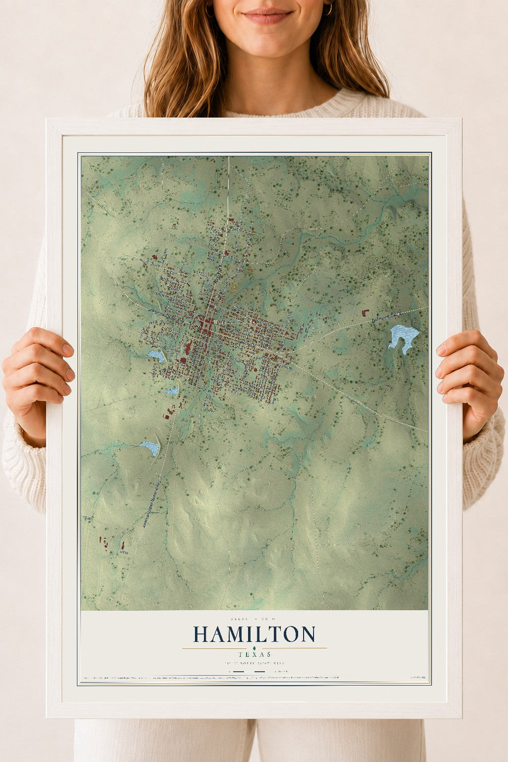 Map of Hamilton, Texas, 18 x 24 inch print in a white wood frame