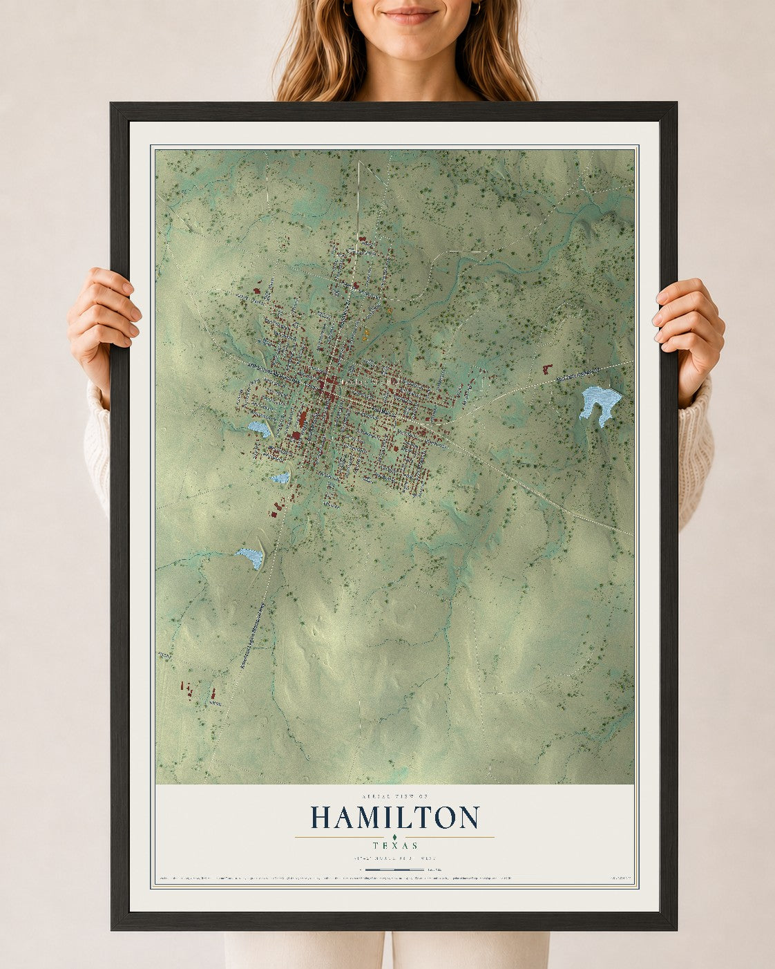 Map of Hamilton, Texas, 24 x 36 inch print in a black wood frame