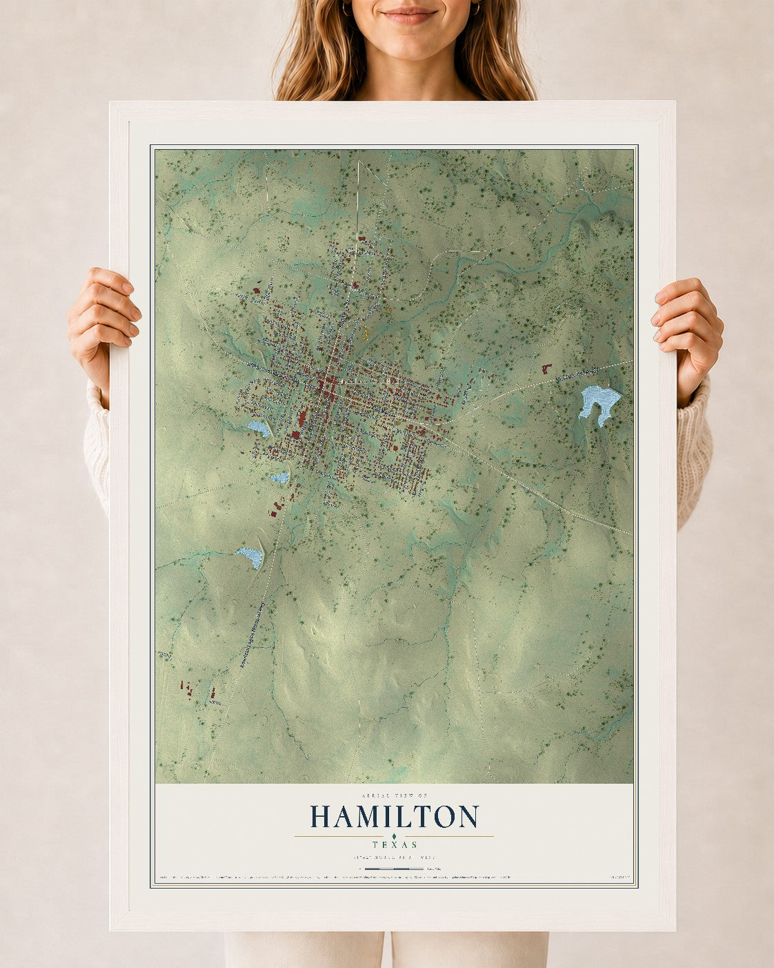 Map of Hamilton, Texas, 24 x 36 inch print in a white wood frame