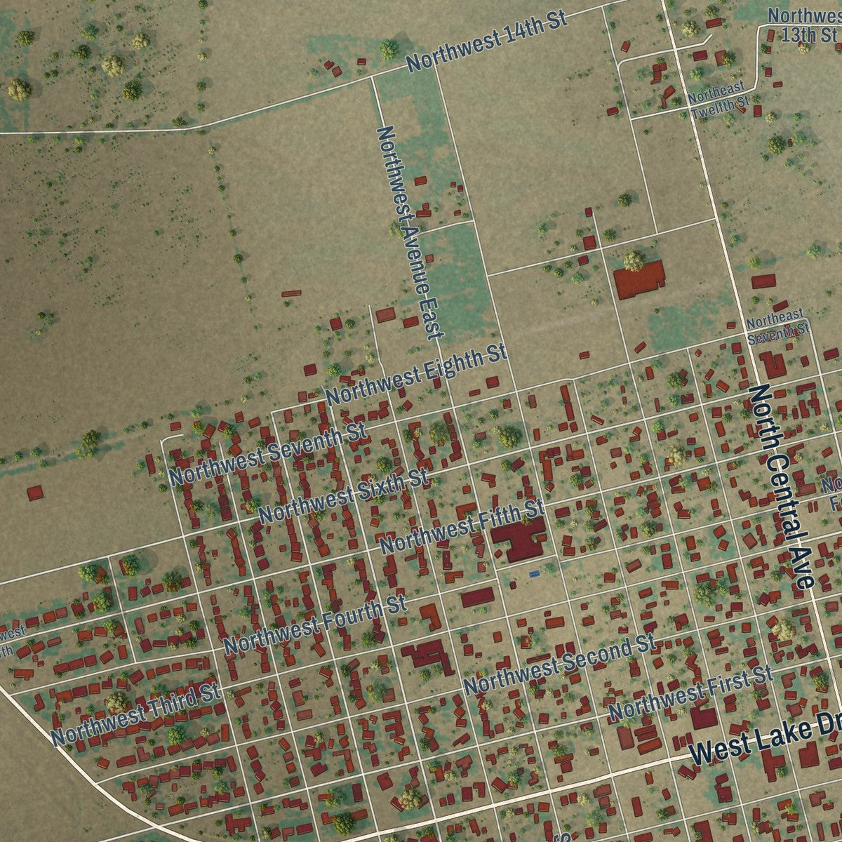 Close-up of the map of Hamlin, Texas print showing street and building detail