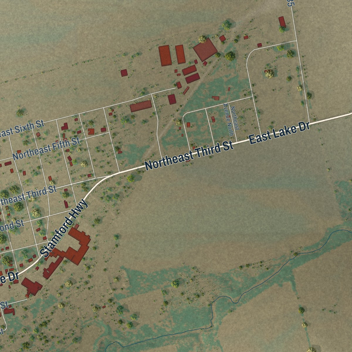 Second close-up of the map of Hamlin, Texas print showing more streets and buildings