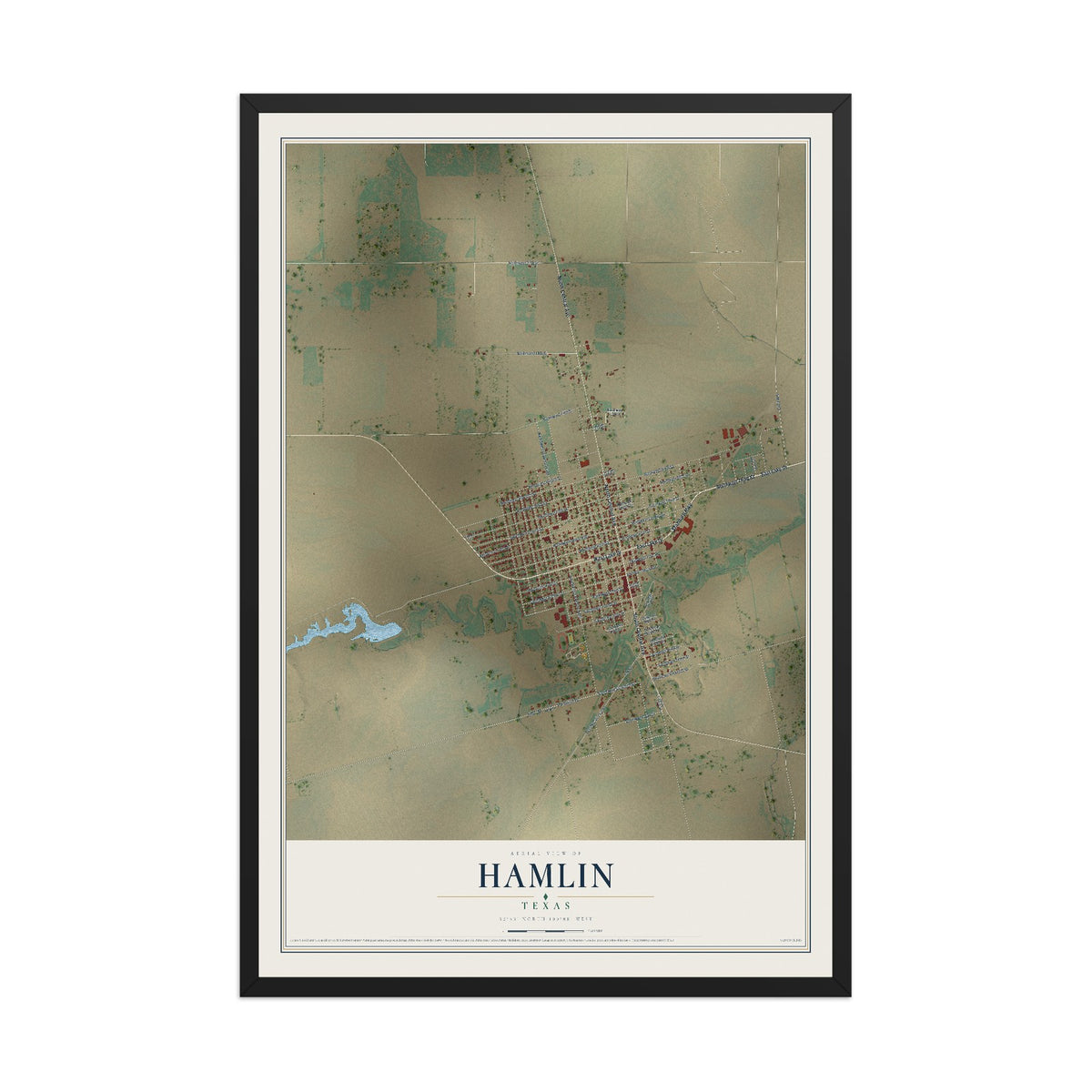 Map of Hamlin, Texas, 12 x 18 inch print in a black wood frame