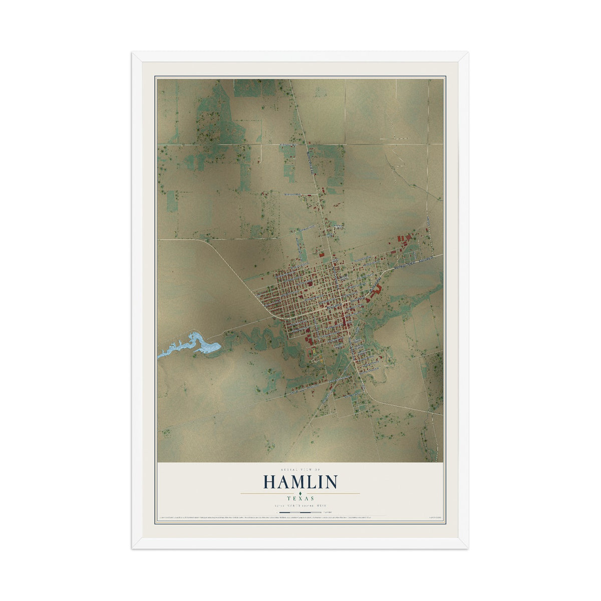Map of Hamlin, Texas, 12 x 18 inch print in a white wood frame
