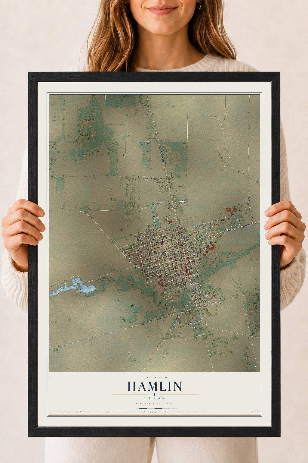 Map of Hamlin, Texas, 18 x 24 inch print in a black wood frame