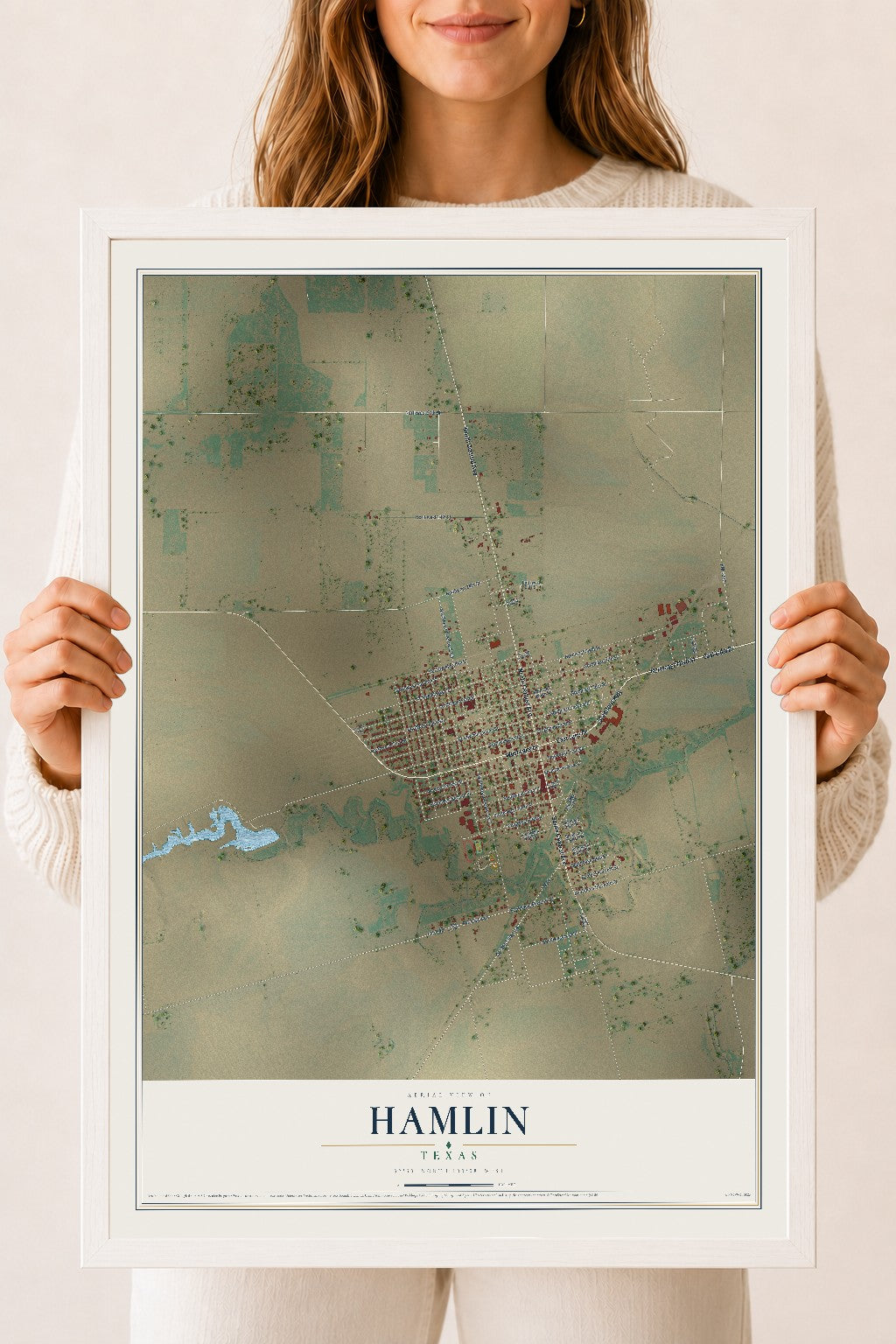 Map of Hamlin, Texas, 18 x 24 inch print in a white wood frame