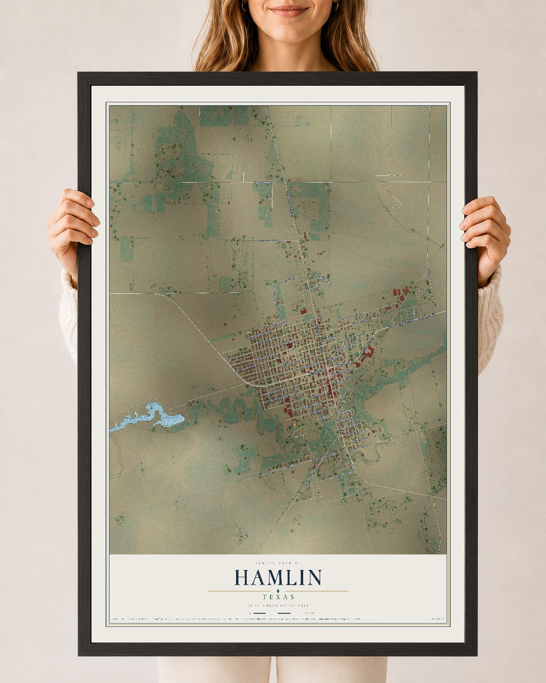Map of Hamlin, Texas, 24 x 36 inch print in a black wood frame