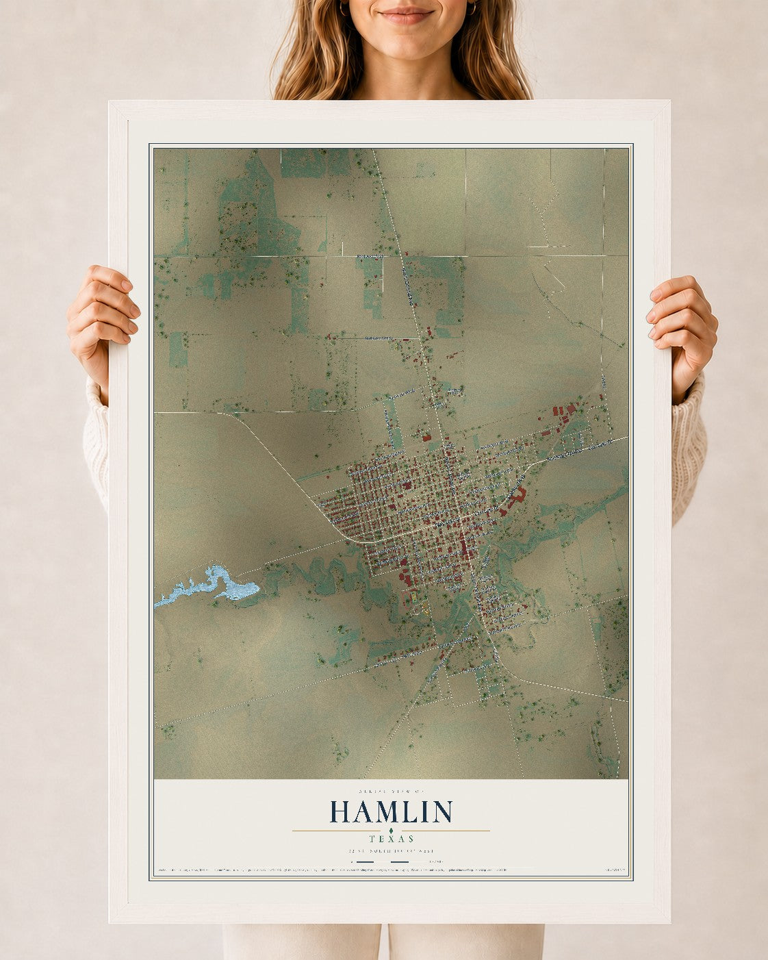 Map of Hamlin, Texas, 24 x 36 inch print in a white wood frame