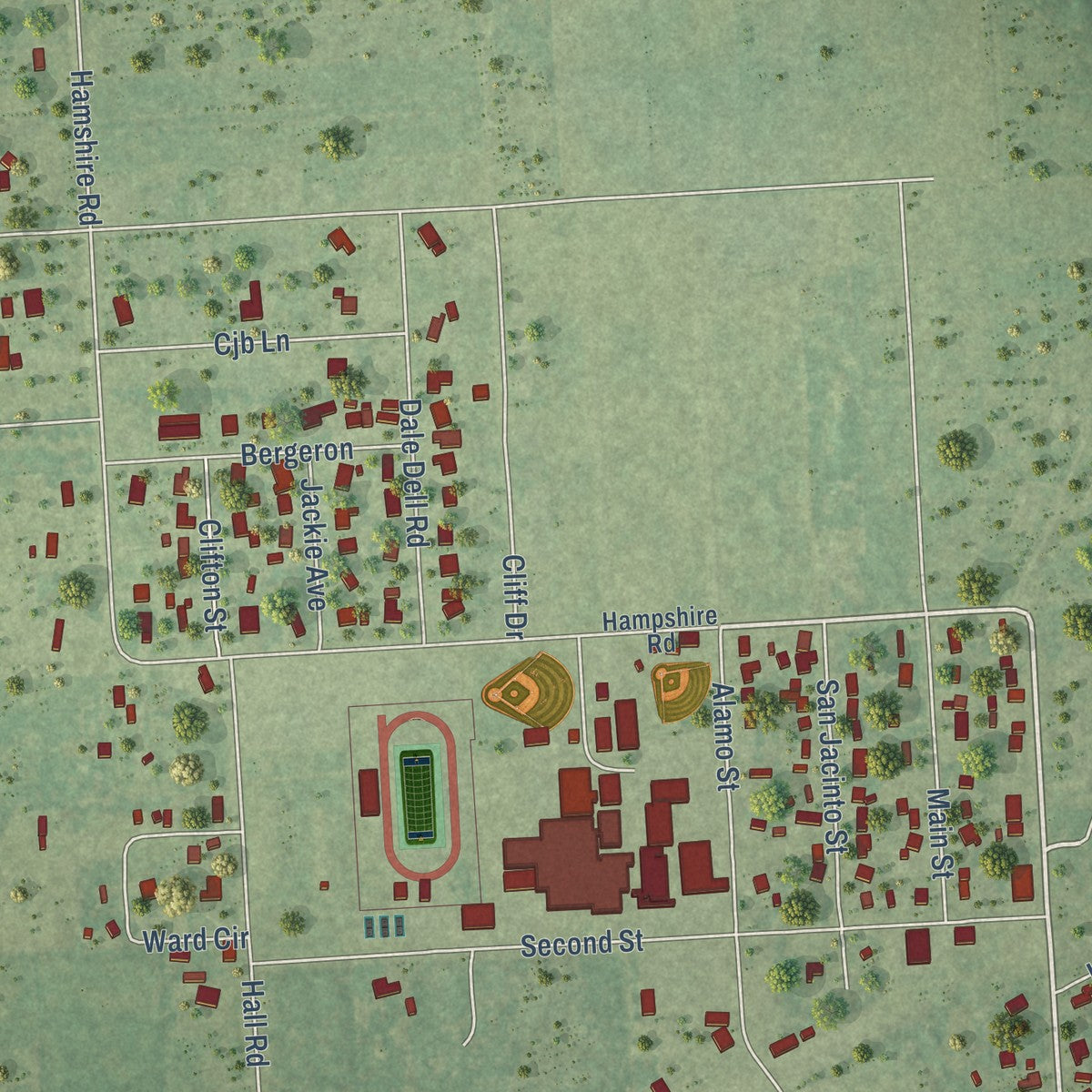 Close-up of the map of Hamshire, Texas print showing street and building detail